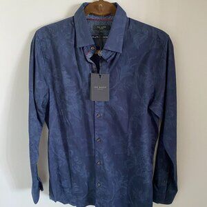 BNWT TED BAKER MEN'S TAILORED SHIRT LONG SLEEVES NAVY FLORAL PRINT SIZE L